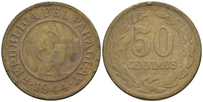 Парагвай 50 сентимо 1944 лев, фригийский колпак на шесте KM 24 алюминиевая бронза    4177-847