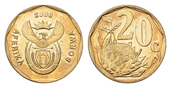 ЮАР 20 центов 2000 герб, цветок протея KM 225 сталь плакированная латунью UNC 4694-919