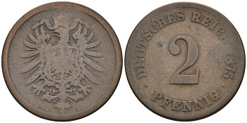 Германия 2 пфеннига 1875 A, старогербовка KM 2, J. 2 медь 4575-624