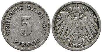 ГЕРМАНИЯ 5 ПФЕННИГОВ 1897 E KM 11, J. 12 медно-никель 39-726