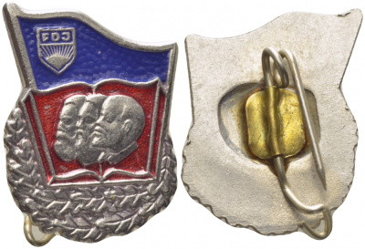 ГДР ЗНАЧОК FDJ, КОМСОМОЛЬСКАЯ ОРГАНИЗАЦИЯ, ЛЕНИН, МАРКС, ЭНГЕЛЬС, НА ЗАСТЕЖКЕ, ЦВЕТНАЯ ЭМАЛЬ 7503-1-45