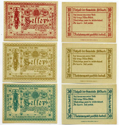 Австрия, Эдльбах набор из 3 банкнот 10, 20, 50 геллеров 1921 1 Июля 1921, нотгельд, коммуна в земле Верхняя Австрия   бумага  UNC (пресс) 7555-24-3-2