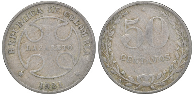 Колумбия 50 сентаво 1921 государственный лепрозорий KM L13 медно-никель 53-942