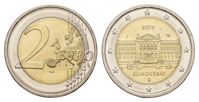 Германия 2 евро 2019 J, 70 лет Бундесрату KM 377 биметалл UNC 72-1754