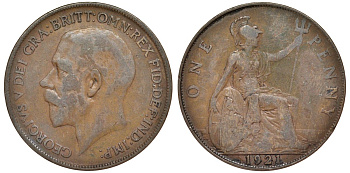 Великобритания 1 пенни 1921 Георг V (1910-1936) KM 810, Spink 4051 бронза 4123-1135