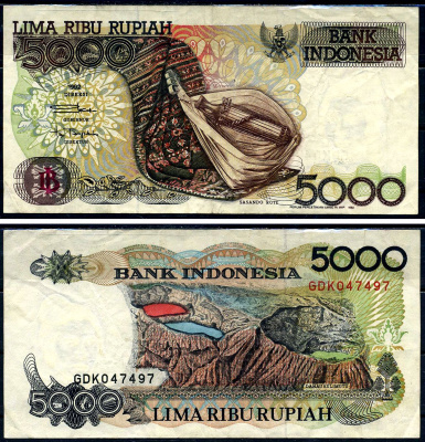 Индонезия 5000 рупий 1992 Сасандо (музыкальный инструмент), гобелен (остров Роте), Келимуту (трехцветное озеро) Pick 130a бумага 6278-26-2-1