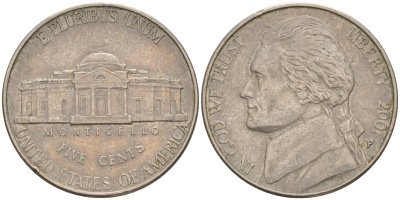 США 5 ЦЕНТОВ 2001 D ДЖЕФЕРСОН KM A192 медно-никель 4114-1124