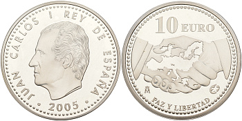 Испания 10 евро 2005 M, 60 лет миру и свободе в Европе KM 1065 серебро PROOF 06-266-11