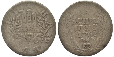 Гамбург 1 шиллинг 1763 O.H.K. Отто Генрих Кнорре (1761-1805) KM 160 серебро 413-5315
