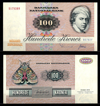 Дания 100 крон 1975 Йенс Юэль. Красная бабочка Pick 51 b бумага 451-1230-2