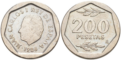 ИСПАНИЯ 200 ПЕСЕТ 1986 ХУАН КАРЛОС I (1975-) KM 829 медно-никель 106-343