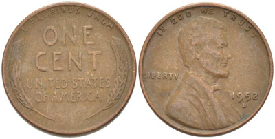 США 1 ЦЕНТ 1952 D, ЛИНКОЛЬН KM А132 медь цинк 3309-1014