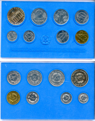 ГДР официальный набор из 8 монет включая 5 марок Бранденбургские ворота 1981 тираж 25000 экземпляров, твердый пластик KM MS3   UNC  1181-4-18