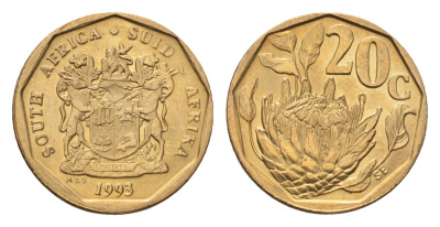 ЮАР 20 центов 1993 герб, цветок протея KM 136 сталь плакированная бронзой UNC 4694-826