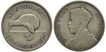 Новая Зеландия 1 флорин 1934 Георг V (1910-1936), птичка киви KM 4 серебро 272-1233