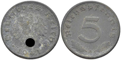 ГЕРМАНИЯ 5 РЕЙХСПФЕННИГОВ 1941 A KM 100, J. 370 цинк 105-244
