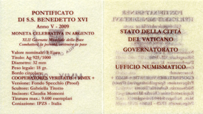 Ватикан 5 евро 2009 Бенедикт XVI, Международный год мира, в оригинальной коробке с сертификатом KM 415 серебро PROOF 7-1-1-27