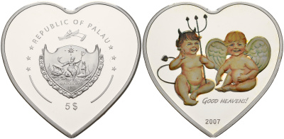 Палау 5 долларов 2007 Ангелочки, монета в форме сердца (монета влюбленных), тираж 2500 экз, сертификат, коробочка серебро PROOF 7-4-2-18