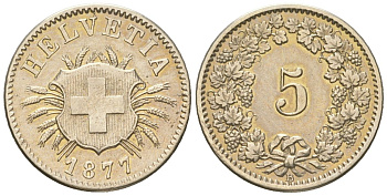 Швейцария 5 раппенов 1877 B, редкий год - тираж 978.000 экземпляров KM 5 серебро 1524-312
