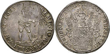 Брауншвейг-Вольфенбюттель 1 талер 1673 IPE, Рудольф Август Брауншвейг-Вольфенбюттельский (1666-1703), аукцион WAG 29, 2005 KM 502, Dav. 6379, Welter 1840 серебро    10-020-50
