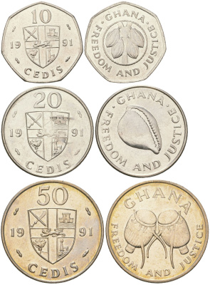 Гана набор из 3 монет (10, 20 и 50 седи) 1991 барабаны KM 29, 30 и 31 медно-никель, сталь плакированная никелем UNC 4612-756-757