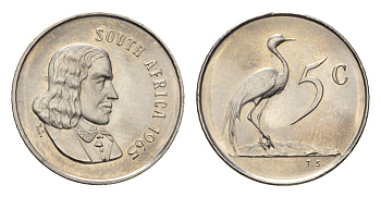 ЮАР 5 центов 1965 Ян ван Рибек (1619-1677), South Africa, легенда на англинском, райский журавль KM 67.1 медно-никель UNC 4690-938