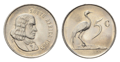 ЮАР 5 центов 1965 Ян ван Рибек (1619-1677), South Africa, легенда на англинском, райский журавль KM 67.1 медно-никель UNC 4690-938