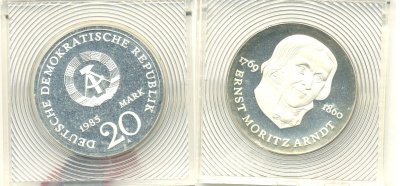 ГДР 20 марок 1985 А, 125 лет со дня смерти Эрнста Морица Арндта (1769-1860), тираж 4000 экземпляров, в оригинальной коробке с пломбой J.1605, KM 105 серебро PROOF 5-3-1-03
