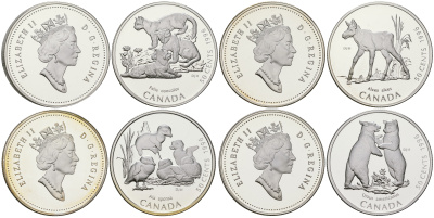 Канада набор из 4 монет по 50 центов 1996 серия природа, детеныши диких животных, в оригинальной коробке, сертификат KM 283, 284, 285, 286 серебро  PROOF  4-4-1-51