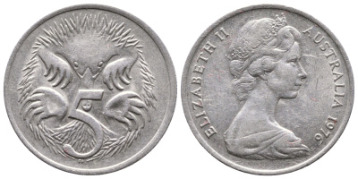Австралия 5 центов 1976 королева Елизавета II (1952-2022), ехидна KM 64 медно-никель 177-1249