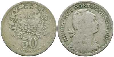 Португалия 50 сентаво 1927 KM 577 медно-никель 08-1041