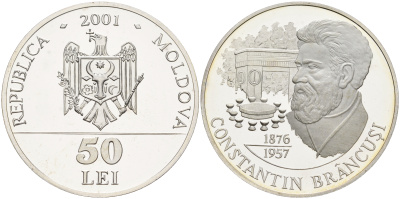 Молдова 50 лей 2001 125 лет со дня рождения Константин Бранкузи, тираж 1000 экземпляров, оригинальная коробка, сертификат серебро 7-6-1-40
