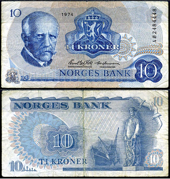 Норвегия 10 крон 1974 Фритьоф Нансен, рыбак, шхуна Pick 36 b бумага 7553-9-3-2