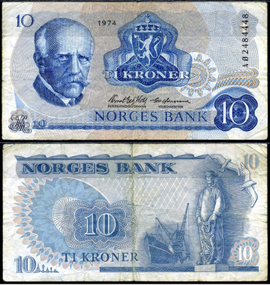 Норвегия 10 крон 1974 Фритьоф Нансен, рыбак, шхуна Pick 36 b бумага 7553-9-3-2