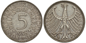 ФРГ 5 марок 1956 J, J. 387, KM 112.1 серебро 603-1235
