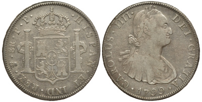 Боливия 8 реалов 1799 PP, Карл IV KM 73.1 серебро 06-271-24