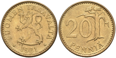 ФИНЛЯНДИЯ 20 ПЕННИ 1981 K KM 47 алюминиевая бронза 4563-331