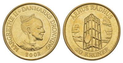 Дания 20 крон 2002 Башня Ратуши, Орхус KM 889 алюминиевая бронза UNC 4657-1233