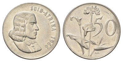 ЮАР 50 центов 1966 Ян ван Рибек (1619-1677), Suid Africa, легенда на африкаанс, Зантедеския Эллиота (калла) KM 70.2 никель 4604-1027
