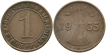 Германия 1 рейхспфенниг 1935 A KM 37, J. 313 бронза 4528-629