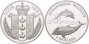 Ниуэ 5 долларов 1992 серия охрана окружающей среды, дельфины KM 80 серебро PROOF 1072-10-72