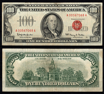 США 100 долларов 1966 Бенджамин Франклин. Зал независимости, Филадельфия, Пенсильвания. Подписи: Granahan & Fowler. Красная печать Pick 384 a, Fr. 1550 бумага 451-1228-1