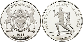 Ботсвана 5 пула 1988 XIV летние олимпийские игры в Сеуле, бег, тираж 25000 экз. KM 21 серебро PROOF 1078-3-44