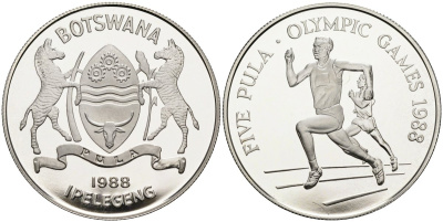 Ботсвана 5 пула 1988 XIV летние олимпийские игры в Сеуле, бег, тираж 25000 экз. KM 21 серебро PROOF 1078-3-44