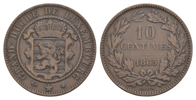 Люксембург 10 сантимов 1865 A, Виллем III (1849-1890) KM 23 бронза 4653-636