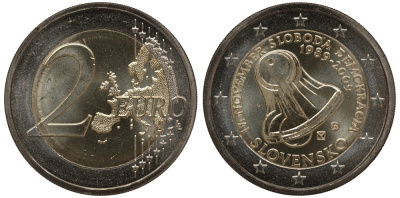 Словакия 2 евро 2009 20 лет Бархатной Революции, колокол KM 107 биметалл UNC M1-07