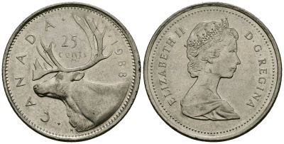 Канада 25 центов 1988 Елизавета II (1952-2022), олень KM 74 никель 4167-931