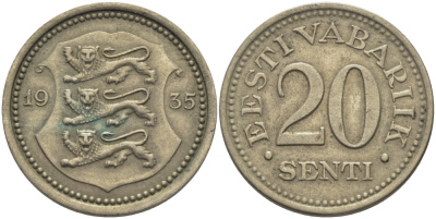Эстония 20 центов 1935 Республика (1928-1940) KM 17 никель бронза 4610-832
