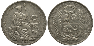 Перу 1 соль 1934 KM 218.2 серебро 272-945