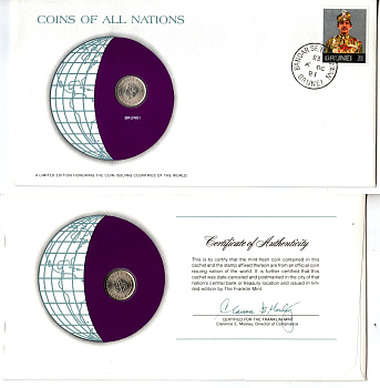 Бруней 5 сенов 1981 конверт с маркой первого дня гашения, Coins of Nations KM 16 медно-никель UNC 4295-21-1